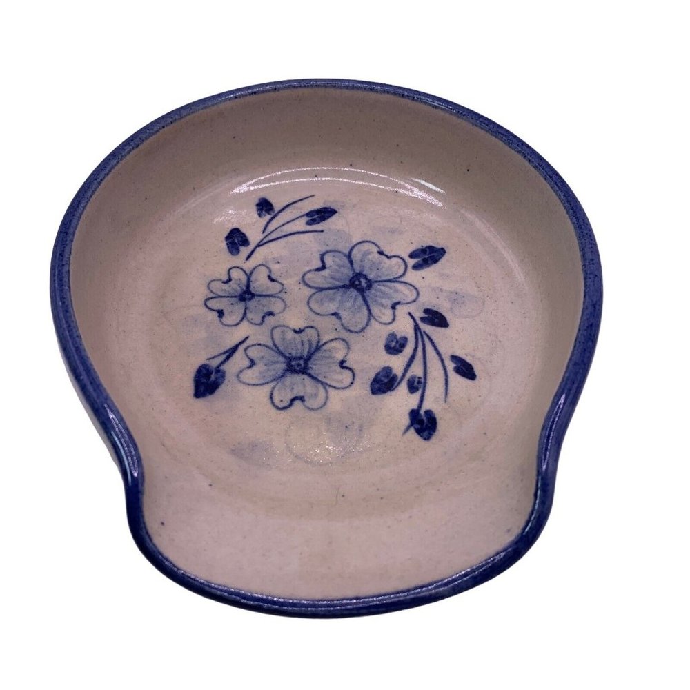 Marshall Pottery Spoon Rest Blue Flower Texas TX Signed Edwardo Rivero Vintage